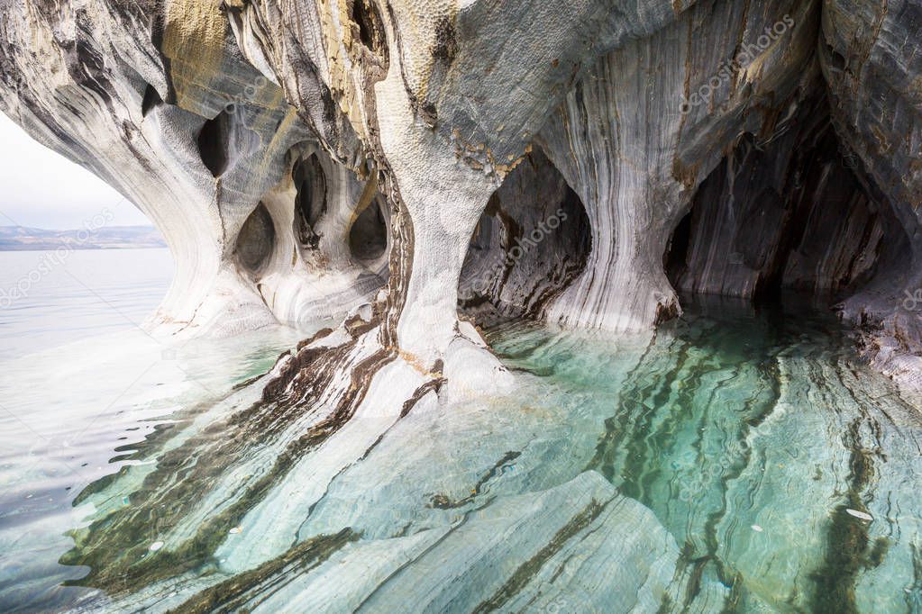 Unusual marble caves on the lake of General Carrera, Patagonia, Chile. Carretera Austral trip.