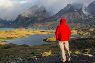 Şili 'deki Torres del Paine Ulusal Parkı' ndaki güzel dağ manzaraları. Dünyaca ünlü yürüyüş bölgesi.