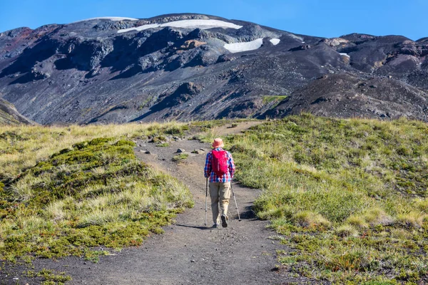 Wandelende Man Vulkanisch Gebied Araucania Chili Zuid Amerika — Stockfoto