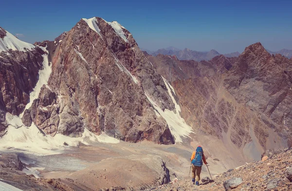 Wanderlust Time Man Hiking Beautiful Fann Mountains Pamir Tajikistan Central — Stock Photo, Image