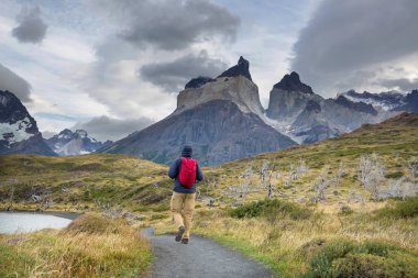 Şili 'deki Torres del Paine Ulusal Parkı' ndaki güzel dağ manzaraları. Dünyaca ünlü yürüyüş bölgesi.
