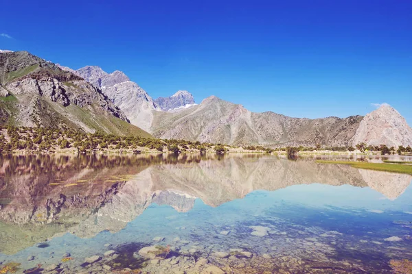 Beautiful serene lake in  Fanns mountains (branch of Pamir) in Tajikistan.