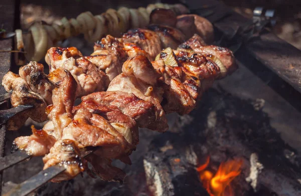 Clos Shot Barbecue Cucinato All Aperto Sul Fuoco Aperto — Foto Stock