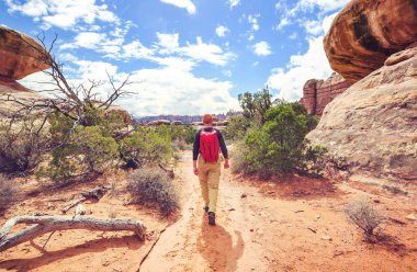 Utah dağlarında yürüyüş. Alışılmadık doğal manzaralarda yürüyüş. Fantastik kumtaşı oluşumları.