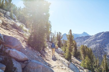 Sierra Nevada dağlarında yürüyen yürüyüş ekipmanlı bir adam, Kaliforniya, ABD