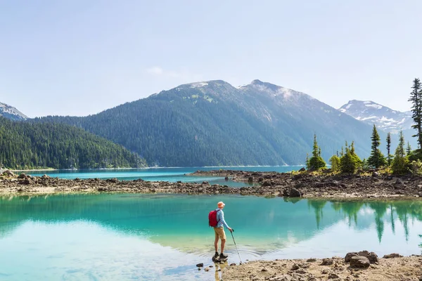 Hike to turquoise waters of picturesque Garibaldi Lake near Whistler, BC, Canada. Very popular hike destination in British Columbia.