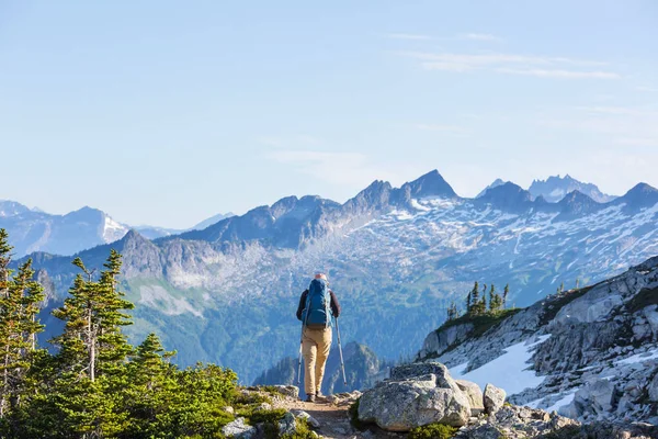 Backpacker Een Wandeling Zomerbergen — Stockfoto