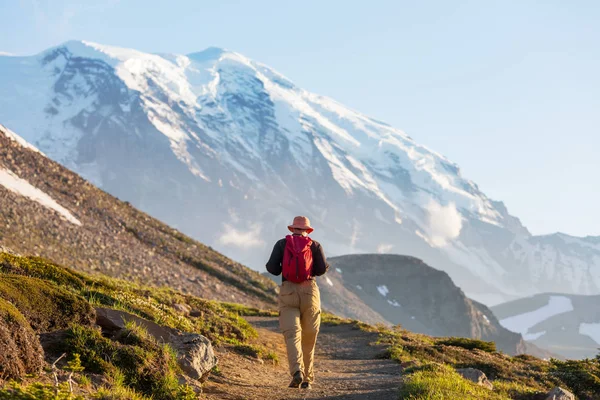 Mochilero Una Caminata Las Montañas Verano —  Fotos de Stock