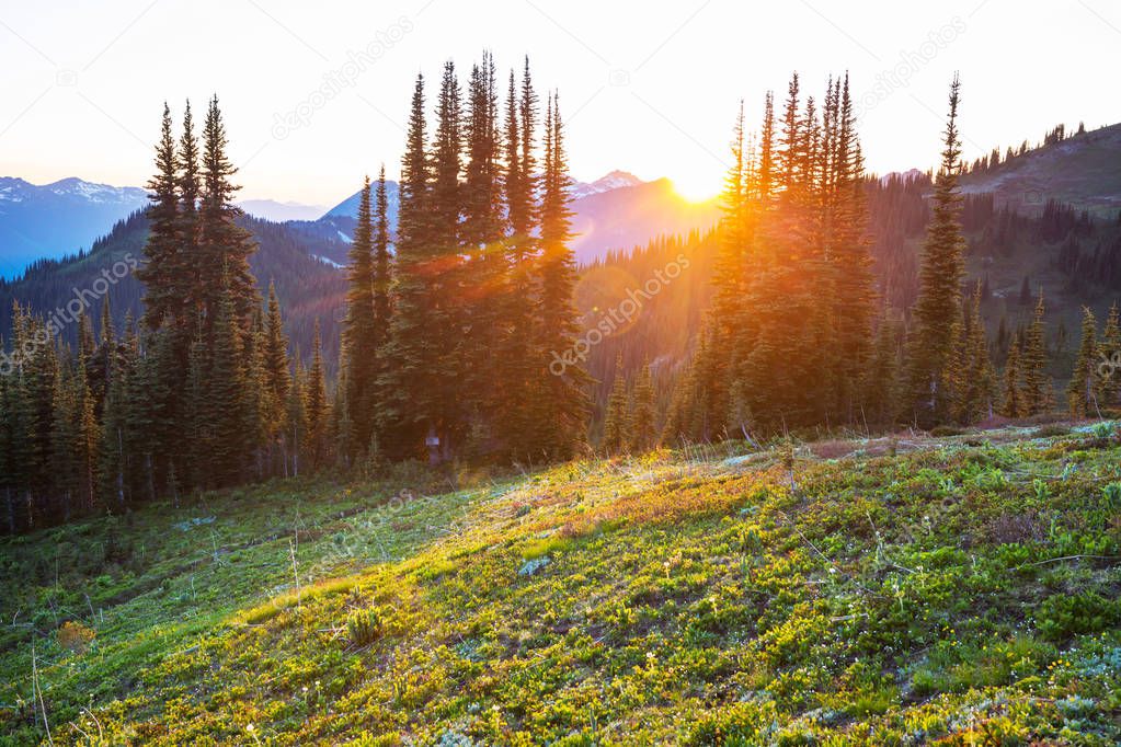 Scenic Sunset in the mountains. Autumn season.