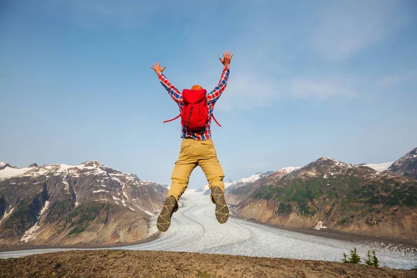 Jumping Man Vulkanische Bergen Bromo Indonesië — Stockfoto