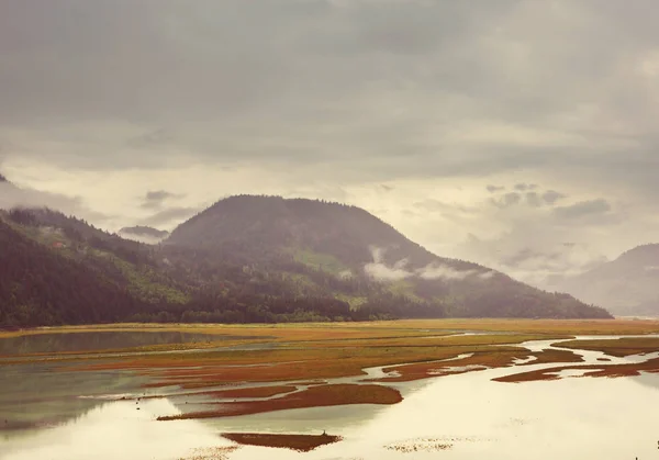 加拿大高山湖畔宁静的风景 岩石映照在平静的水面上 — 图库照片