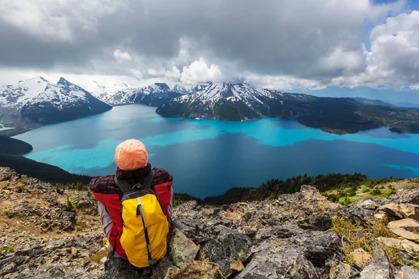 Hike to turquoise waters of picturesque Garibaldi Lake near Whistler, BC, Canada. Very popular hike destination in British Columbia.