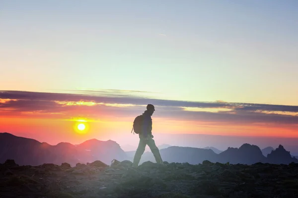 Пешие Прогулки Красивых Летних Горах Закате — стоковое фото