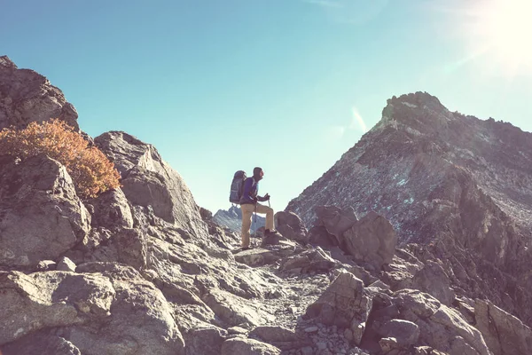 Backpacker Bei Einer Wanderung Den Sommerlichen Bergen — Stockfoto