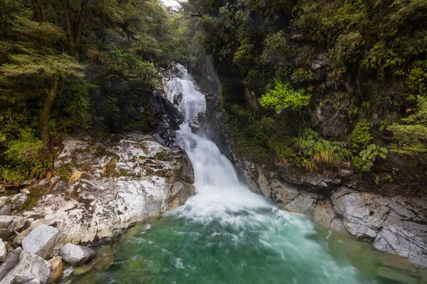 Yeni Zelanda Daki Yeşil Yağmur Ormanlarında Güzel Bir Şelale — Stok fotoğraf