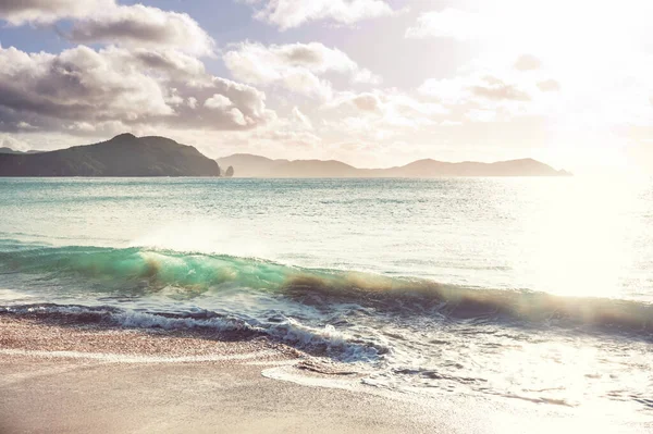 Hermoso Atardecer Ocean Beach Nueva Zelanda Inspirando Fondo Natural Viaje — Foto de Stock