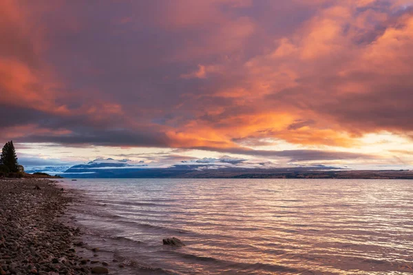 Удивительные Природные Ландшафты Новой Зеландии Горное Озеро Закате — стоковое фото