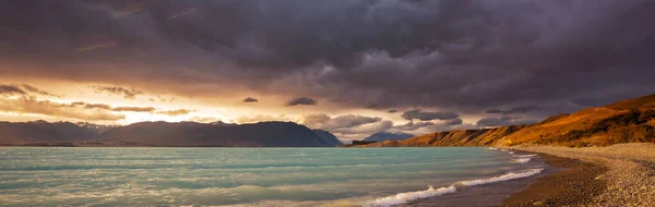 Amazing Natural Landscapes New Zealand Mountains Lake Sunset — Stock Photo, Image