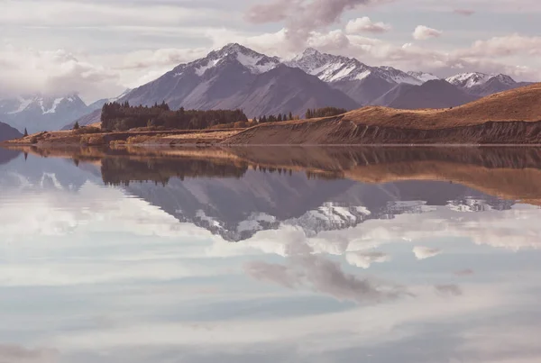 Fantastiska Naturlandskap Nya Zeeland Berg Sjö Vid Solnedgången — Stockfoto