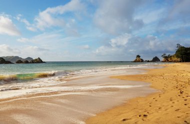 Ocean Beach, Yeni Zelanda 'da güzel bir gün batımı. İlham verici doğal ve seyahat geçmişi