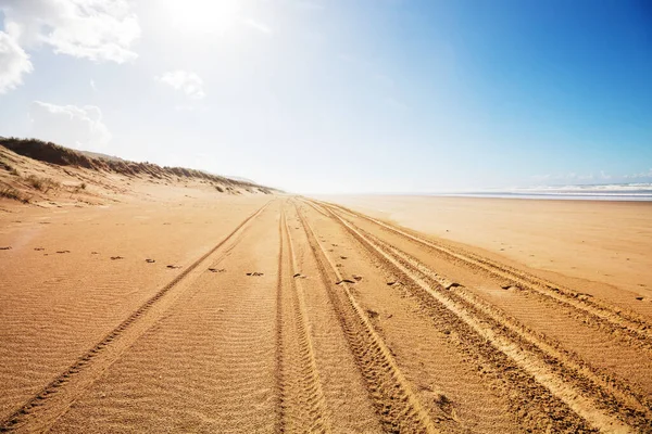 Pistes Pneus Sur Plage Sable Fin Côte Pacifique Nouvelle Zélande — Photo