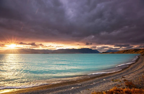 Amazing Natural Landscapes New Zealand Mountains Lake Sunset — Stock Photo, Image