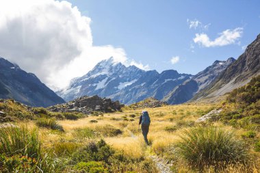 Yeni Zelanda, Güney Adası, Cook Dağı yakınlarındaki güzel dağlarda yürüyüşçü.