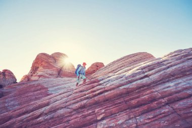 Utah dağlarında yürüyüş. Alışılmadık doğal manzaralarda yürüyüş. Fantastik kumtaşı oluşumları.