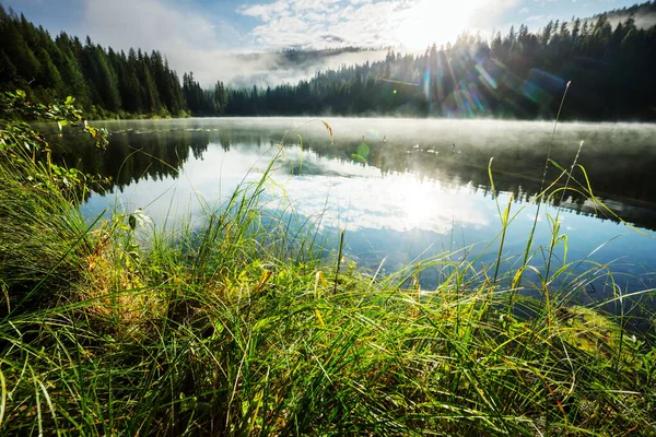 Lago Montagna Nebbioso Mattino Presto Sereno Montagna — Foto Stock