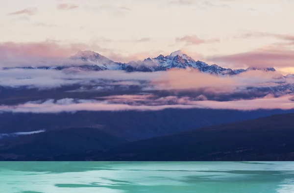 Paesaggi Naturali Incredibili Nuova Zelanda Montagne Lago Tramonto — Foto Stock