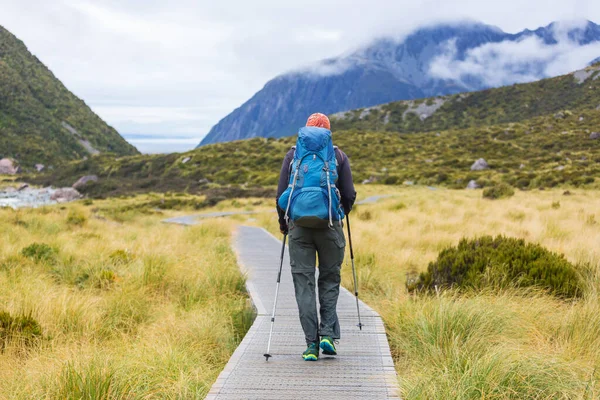 Turysta Pięknych Górach Niedaleko Mount Cook Nowa Zelandia Wyspa Południowa — Zdjęcie stockowe