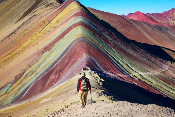 Hiking Scene Vinicunca Cusco Region Peru Montana Siete Colores Rainbow — Stock Photo, Image