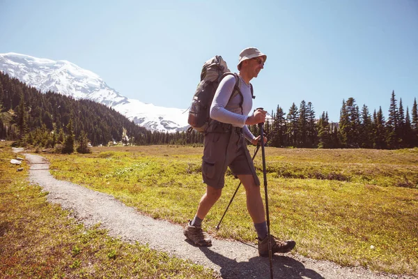 Backpacker Den Sommerbergen — Stockfoto