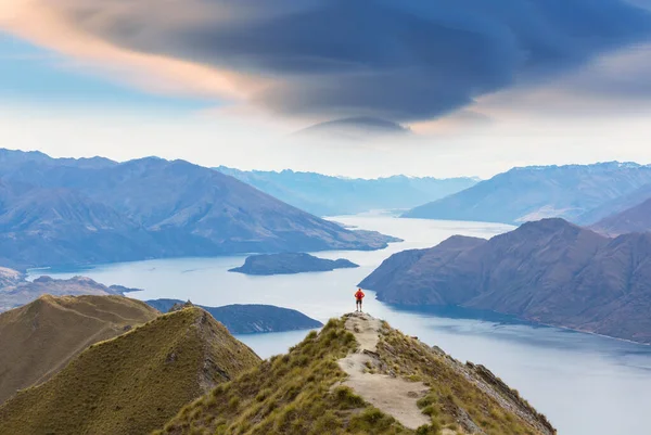 Reizigers Wandelen Roys Peak Nieuw Zeeland Meer Van Wanaka — Stockfoto