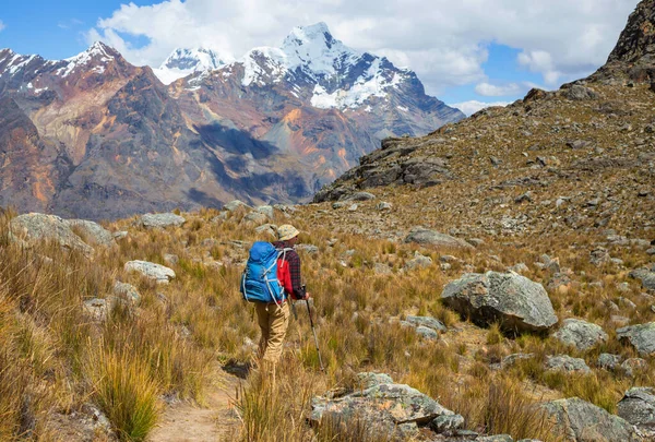 Backpacker Wędrówce Wysokich Górach — Zdjęcie stockowe