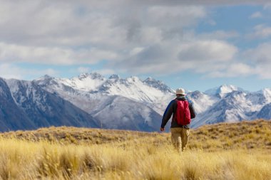 Hiker in beautiful mountains near Mount Cook, New Zealand, South island clipart