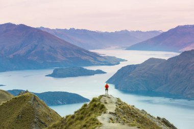 Roys Tepesi 'nde gezgin yürüyüşü. Yeni Zelanda. Wanaka Gölü