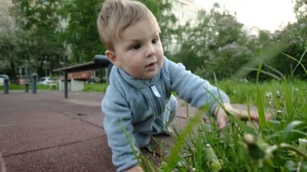 Adorable divertido juego de bebé en el patio de recreo bajo el cuidado de sus padres hipster — Vídeo de stock