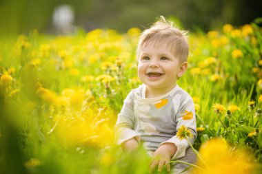 Konsept: aile değerleri. Güneşli dandelions alanında açık oynayan ve komik surat masum kahverengi gözlü Bebek portresi.