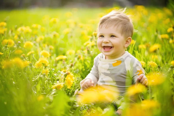 Konsept: aile değerleri. Güneşli dandelions alanında açık oynayan ve komik surat masum kahverengi gözlü Bebek portresi.