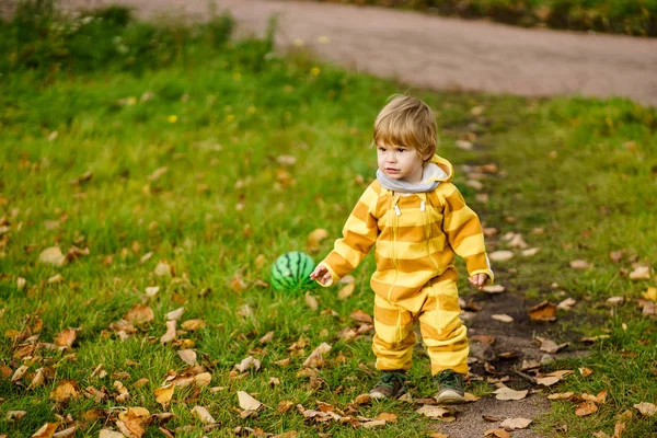 Glücklicher kleiner Junge lacht und spielt mit grünem Ball im Park Stockbild