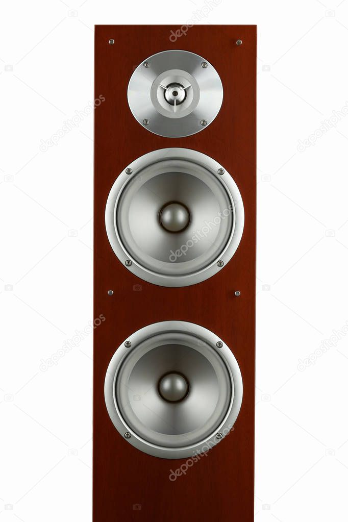 Red wooden high gloss music speakers tower isolated on white background
