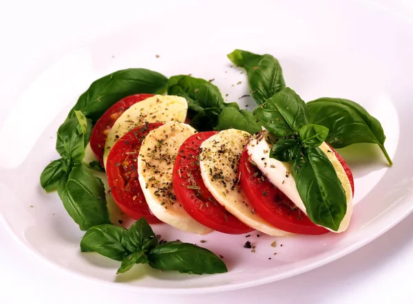 Mozzarella Cherry Tomatoes Basil White Plate — Stock Photo, Image