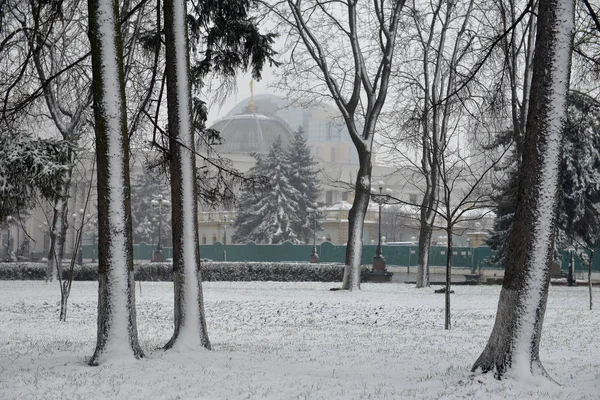 Paesaggio Invernale Con Fiocchi Neve Cadenti Panchina Coperta Neve Tra — Foto Stock