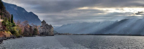 Вид Знаменитий Chateau Chillon Женевське Озеро Один Швейцарії Кантон Швейцарії — стокове фото