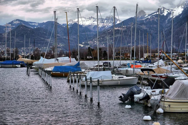 Yachts on autumn parking lot on Lake Geneva, SWISS,