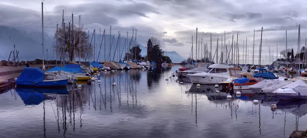 Yachts on autumn parking lot on Lake Geneva, SWISS,