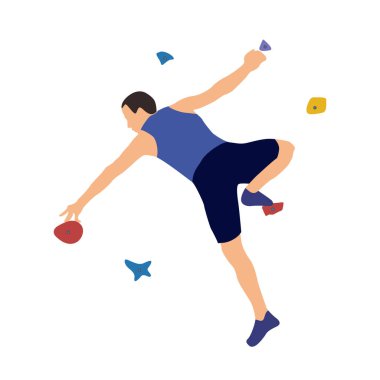 Adam beyaz bir arka plan üzerinde izole bir tırmanma spor salonunda tırmanma duvarı üzerinde tırmanıyor. Vektör çizim.