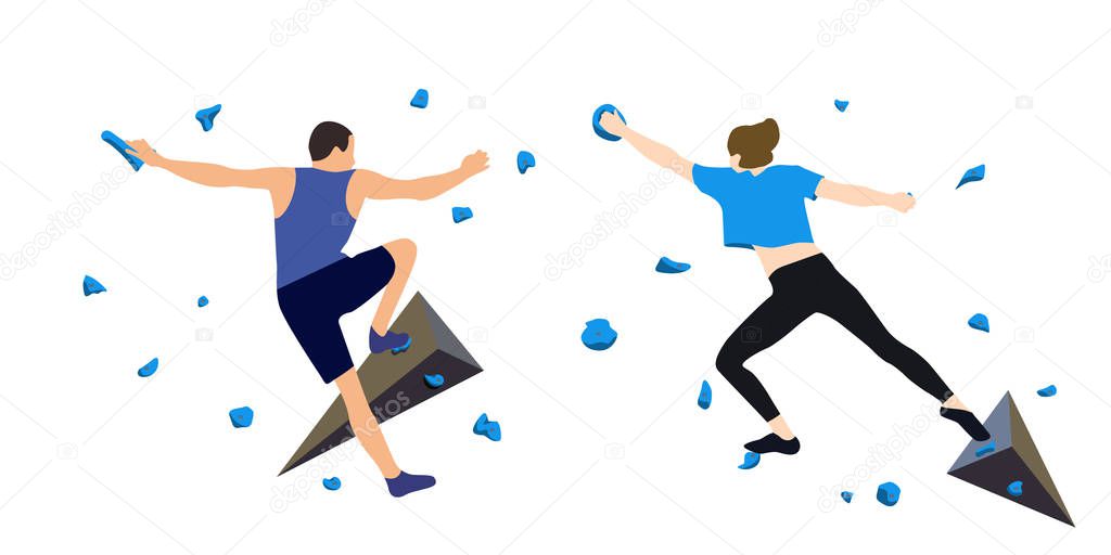 A man and a woman climbers on a wall in a climbing gym isolated on a white background. Vector illustration.