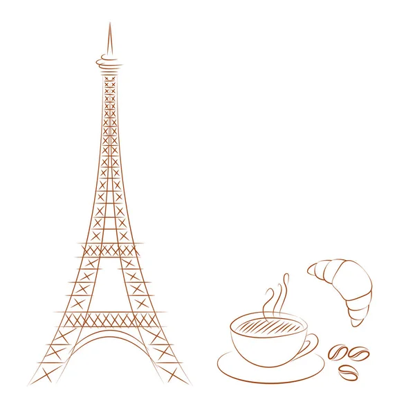 Tour Eiffel et café avec croissant — Image vectorielle